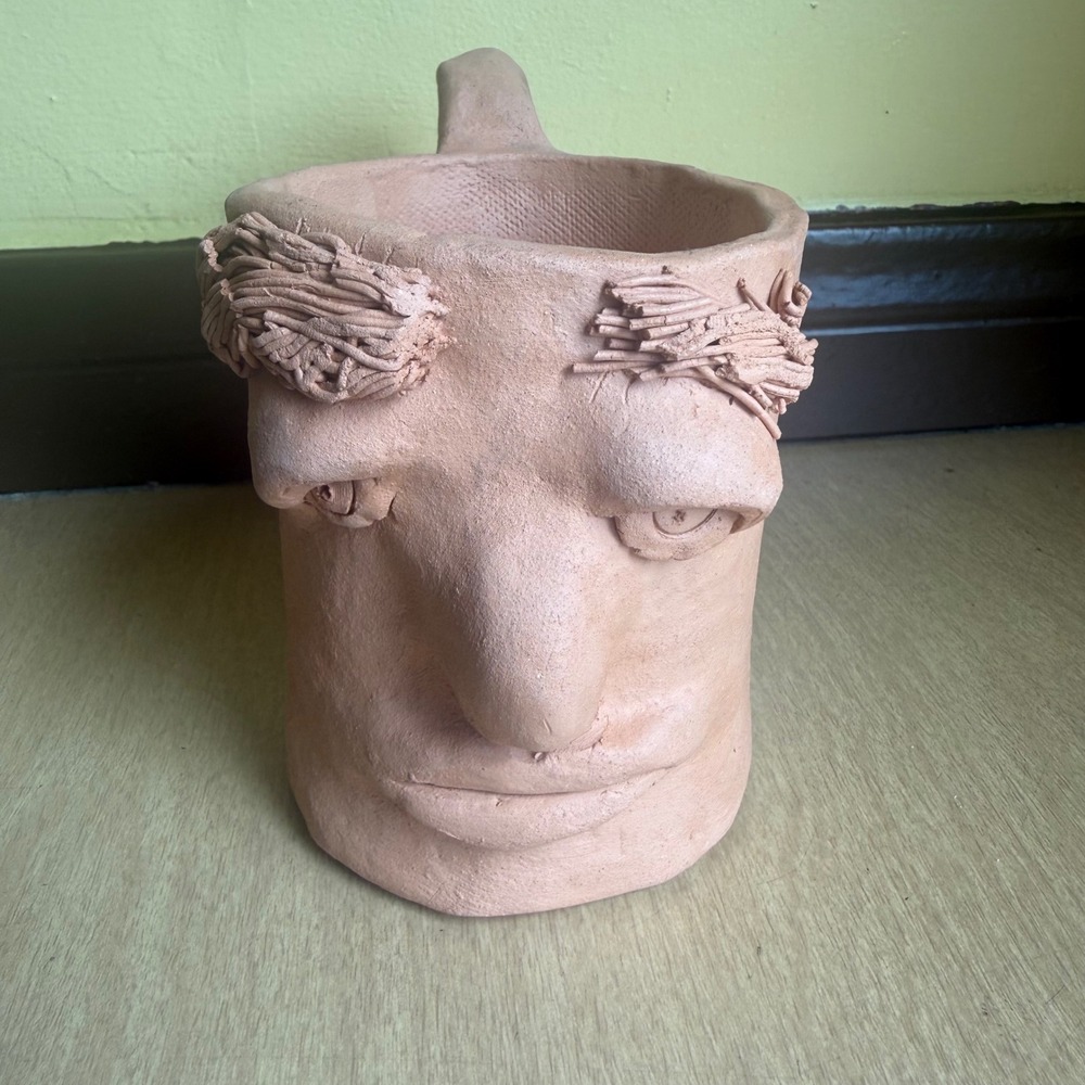Handmade Terracotta Face Mug 1997 Folk Art OS Orange Excellent Sculptural Mug